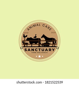 Animal sanctuary, Farm and ranch Badge or Label. Animal care, Vintage design with chicken, pig, cow, horse. Vector illustration.