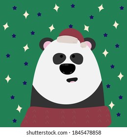 Animal in the Scandinavian style wearing a Santa Claus hat. New Year's childrens illustration. Cozy bear print. Panda.
Vector graphics.