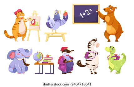 Animal at School Have Lesson and Education Vector Set