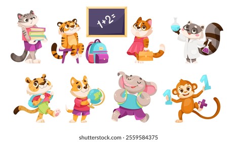 Animal School Student and Pupil Enjoy Study Vector Set