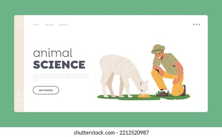 Animal Science Landing Page Template. Zoologist Character Study Animal In Natural Habitat. Scientist Naturalist Explore And Investigate Lama Tameless Fauna Creation. Cartoon People Vector Illustration