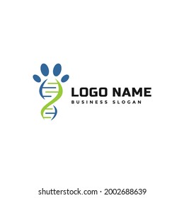 Animal Sciencetist Logo Vector. With Paw Print Of Pet Foot With Dna ( Deoxyribo Nucleic Acid) Or Genetic Icon. Apply To Web Site, App Brand Design