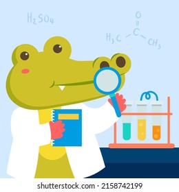 The Animal scientist wearing white coat in laboratory with test tube, DNA sign and science equipment in cartoon character for graphic designer,  Vector illustration