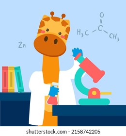 The Animal scientist wearing white coat in laboratory with test tube, DNA sign and science equipment in cartoon character for graphic designer,  Vector illustration