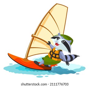 Animal Scout Raccoon In Life Jacket Hold Windsurfing. Vector Cartoon Illustration