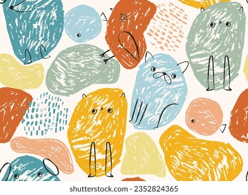 Lápiz de mascota de garabatos animales caras formas suaves abstractas de la impresión de doodle patrón de repetición sin fisuras de la ilustración vectorial gráfica