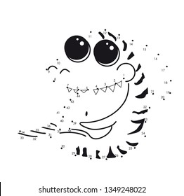 Animal sea Coloring book Tiger shark with big eyes. Vector Connect the dots for educational game. Cartoon funny isolated character. Illustration with cute contour black shark silhouette