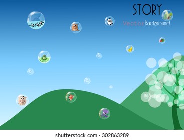 animal, sea animal, fruit and trees in bubbles oxygen with tree and mountain background