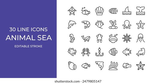 Animal sea icon set vector illustration stroke editable. fish, shell, starfish and more
