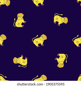 Animal seamless cute pattern with bright yellow lion ornament. Navy blue background. Zoo print. Graphic design for wrapping paper and fabric textures. Vector Illustration.