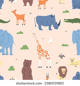 Animal seamless pattern. Baby fabric print design with giraffe bear goose crocodile elephant monkey lion. African wild animals, vector background