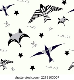 Animal seamless pattern, Black and white vector, burds, stars, fox