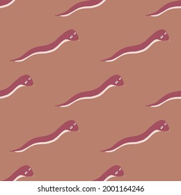 Animal seamless pattern with bright pink worms silhouettes. Pale orange background. Natural life artwork. Stock illustration. Vector design for textile, fabric, giftwrap, wallpapers.