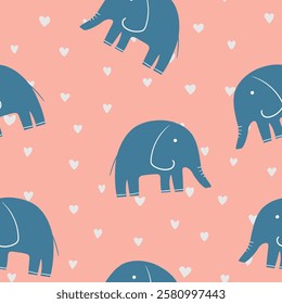 Animal seamless pattern with cartoon baby elephant on color background. Cute holiday illustration with elephant. Design for invitation, poster, card, fabric, textile, wrapper.