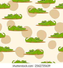 Animal seamless pattern with cartoon crocodiles on color background. Cute holiday illustration with crocodile for baby. Design for invitation, poster, card, fabric, textile, wrapper.