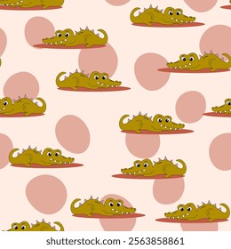 Animal seamless pattern with cartoon crocodiles on color background. Cute holiday illustration with crocodile for baby. Design for invitation, poster, card, fabric, textile, wrapper.