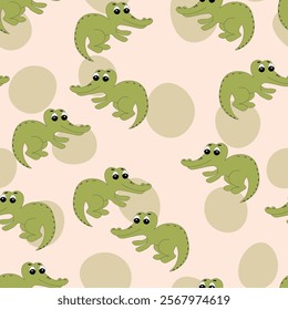 Animal seamless pattern with cartoon crocodiles on color background. Cute holiday illustration with crocodile for baby. Design for invitation, poster, card, fabric, textile, wrapper.