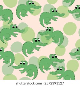 Animal seamless pattern with cartoon crocodiles on color background. Cute holiday illustration with crocodile for baby. Design for invitation, poster, card, fabric, textile, wrapper.