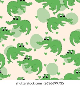 Animal seamless pattern with cartoon crocodiles on color background. Cute holiday illustration with crocodile for baby. Design for invitation, poster, card, fabric, textile, wrapper.
