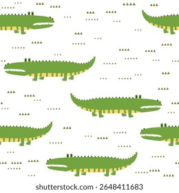 Padrão sem emenda animal com crocodilos de desenho animado no fundo de cor. Ilustração de férias bonito com crocodilo para o bebê. Design para convite, cartaz, cartão, tecido, têxtil, invólucro.
