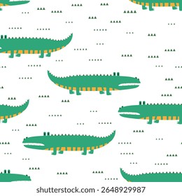 Padrão sem emenda animal com crocodilos de desenho animado no fundo de cor. Ilustração de férias bonito com crocodilo para o bebê. Design para convite, cartaz, cartão, tecido, têxtil, invólucro.
