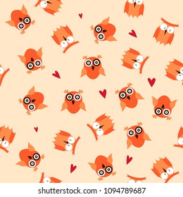 Animal seamless pattern with cartoon cute owls in orange color for kids clothing, invitations and wrapping paper. Vector illustration eps 10