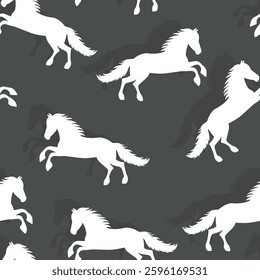 Animal seamless pattern with cartoon horses on color background. Cute holiday illustration with horse. Design for invitation, poster, card, fabric, textile, wrapper.