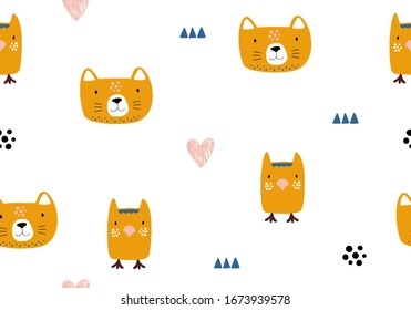 Patrón animal sin fisuras con gato y diferentes formas. Ilustración resumida del fondo del bebé. Papel digital vectorial para niños