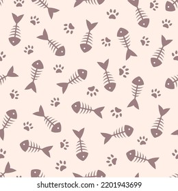 Animal seamless pattern with cat paw prints and fish skeleton