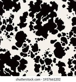 Animal seamless pattern. Cow hide. Animal skin texture with black spots on a white background. Mammals Fur. Leather print. Camouflage predator. Vector illustration.  