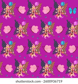 Animal seamless pattern with cute cartoon butterflies and flowers on lilac background in vector. Print for baby fabric. 