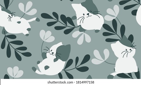 Animal seamless pattern, cute cats with flowers and leaves