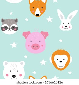 Animal seamless pattern. Cute childish funny animals faces in scandinavian style. Baby isolated texture, vector illustration for fabric, wrapping, textile, wallpaper, apparel