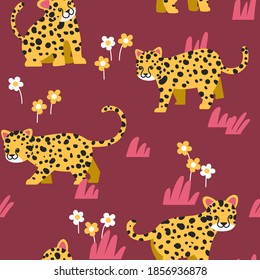 Animal seamless pattern, cute leopard with flowers and leaves on dark red