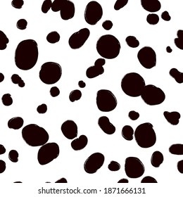Animal seamless pattern, dalmatian skin vector background, black chaotic spots, with brush texture