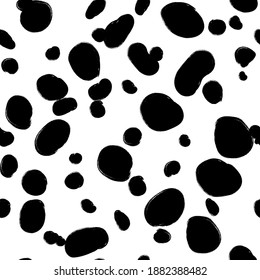 Animal seamless pattern, dalmatian skin vector background, black chaotic spots, with brush texture