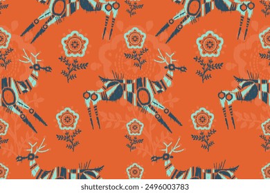 Nahtloses Tiermuster. Ethnische Hirsche mit floralen Rand traditionell dekoriert Hirsch Design für Teppich, Tapete, Kleidung, Textil, Verpackung, Batik, Stoff, Fliesen, Stickerei Stil. Volkskunst Hirsch.