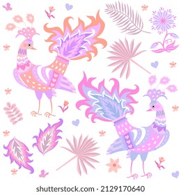 Animal seamless pattern with fabulous peacocks, flowers, tropical leaves, hearts in pink-orange-light purple colors on a white background in vector. Natural print for fabric in vintage style. 