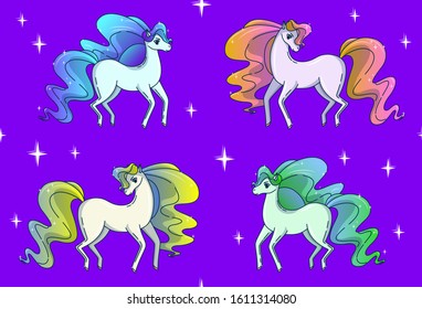 Animal seamless pattern: fairy horses shining like a brilliant on violet background. Pattern for textile, fabric and paper. Vector illustration in cute cartoon style