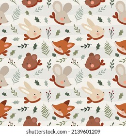 Animal Seamless Pattern, Fox and Rabbit bunny background vector, Rat and Teddy Bear nursery wallpaper