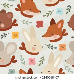 Animal Seamless Pattern, Fox and Rabbit bunny background vector, Rat and Teddy Bear nursery wallpaper
