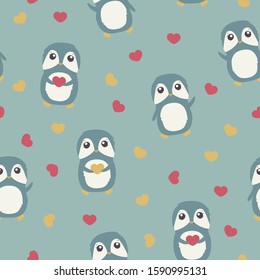 Animal seamless pattern: funny penguins waving and holding hearts. Vector illustration in cute cartoon style