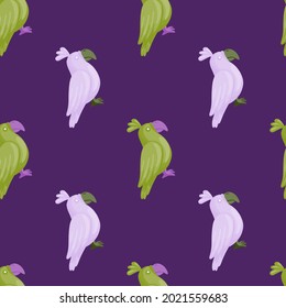 Animal seamless pattern with green and lilac parrot silhouettes. Purple background. Hand drawn style. Designed for fabric design, textile print, wrapping, cover. Vector illustration.