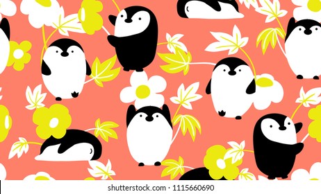 Animal seamless pattern, hand drawn cute penguins with flowers and leaves, yellow, white, orange and black tones