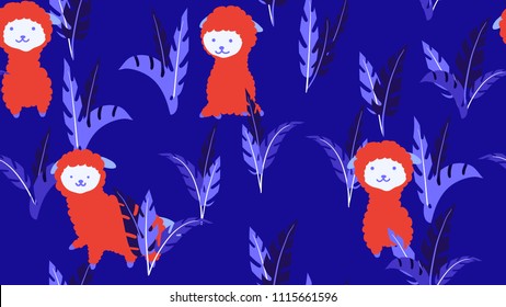 Animal seamless pattern, hand drawn cute lamas with leaves, blue and red tones