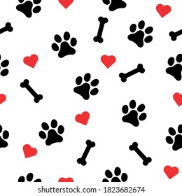 Animal seamless pattern isolated on white background. Dog paw, bone and heart symbol, vector illustration design