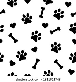 Animal seamless pattern isolated on white background. Dog paw, bone and heart symbol, vector illustration design .