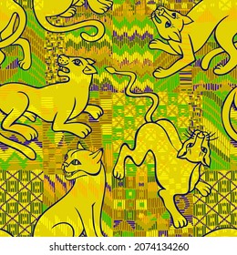 Animal seamless pattern. Leopard overlay on geometric chevron mosaic texture. Silhouettes of cheetah, leopard, panther, wild cat. Ethnic patchwork background.