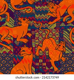 Animal seamless pattern. Leopard overlay on geometric chevron mosaic texture. Silhouettes of cheetah, leopard, panther, wild cat. Ethnic patchwork background.