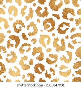 Animal seamless pattern. Leopard print. Repetition texture. Skin printed. Scattered gold spots. Repeating golden background. Scattering spot printing. Marble foil effect for design prints. Vector